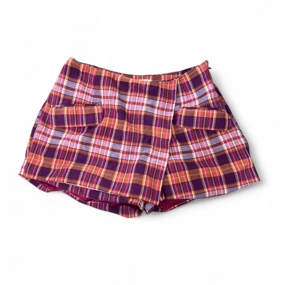Maeve Anthropologie Plaid Wrap Skort Orange Purple Pink Size 8P Petite